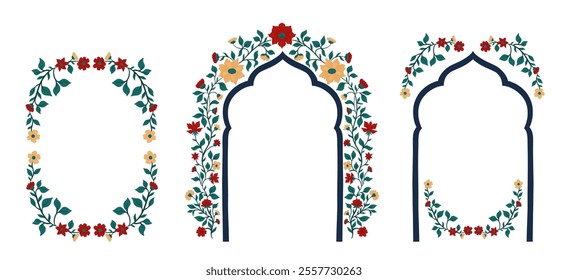 Mughal decorative arch ornamental floral. Vintage intricate traditional mughal style with flowers and foliage. Vector illustration.