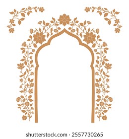 Mughal decorative arch ornamental floral. Vintage intricate traditional mughal style with flowers and foliage. Vector illustration.