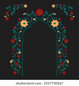 Mughal decorative arch ornamental floral. Vintage intricate traditional mughal style with flowers and foliage. Vector illustration.