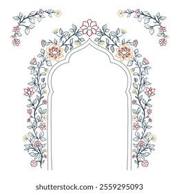 Mughal decorative arch ornamental floral. Vintage intricate traditional mughal style with flowers and foliage. Vector illustration.