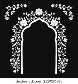 Mughal decorative arch ornamental floral. Vintage intricate traditional mughal style with flowers and foliage. Vector illustration.