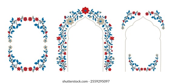 Mughal decorative arch ornamental floral. Vintage intricate traditional mughal style with flowers and foliage. Vector illustration.