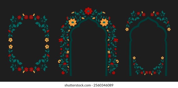 Mughal decorative arch ornamental floral. Vintage intricate traditional mughal style with flowers and foliage. Vector illustration.