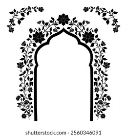 Mughal decorative arch ornamental floral. Vintage intricate traditional mughal style with flowers and foliage. Vector illustration.