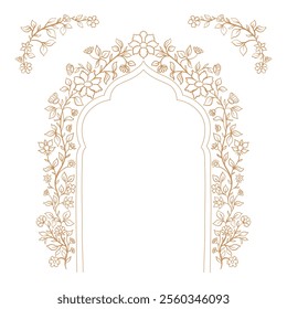 Mughal decorative arch ornamental floral. Vintage intricate traditional mughal style with flowers and foliage. Vector illustration.