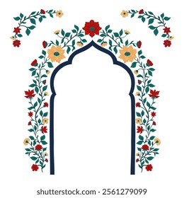 Mughal decorative arch ornamental floral. Vintage intricate traditional mughal style with flowers and foliage. Vector illustration.