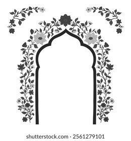 Mughal decorative arch ornamental floral. Vintage intricate traditional mughal style with flowers and foliage. Vector illustration.