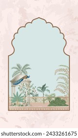 Mughal decorative ethnic garden motif with peacock illustration frame for invitation