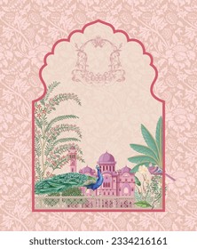 Mughal decorative garden arch frame with peacock and plants illustration for invitation