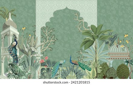 Mughal decorative garden with peacock frame for wedding invitation card. Mughal arch, Seamless background