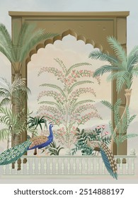 Mughal decorative garden with wall peacock tree arch illustration.