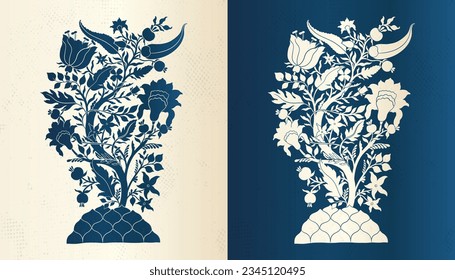 Mughal decorative ornamental blue tree. Indian intricate traditional mughal style with tree flowers and foliage. Vector illustration.