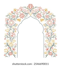 Mughal decorative ornamental floral arch. Vintage intricate traditional mughal style with flowers and foliage. Vector illustration.