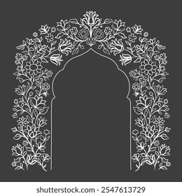 Mughal decorative ornamental floral arch. Vintage intricate traditional mughal style with flowers and foliage. Vector illustration.