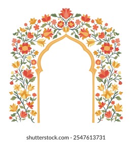 Mughal decorative ornamental floral arch. Vintage intricate traditional mughal style with flowers and foliage. Vector illustration.