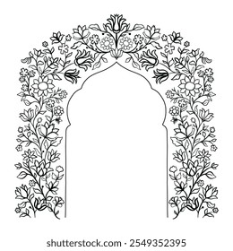 Arco decorativo ornamental floral mogol. Vintage intrincado estilo tradicional mogol com flores e folhagem. Ilustração vetorial.