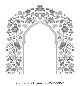 Mughal decorative ornamental floral arch. Vintage intricate traditional mughal style with flowers and foliage. Vector illustration.