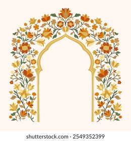 Mughal decorative ornamental floral arch. Vintage intricate traditional mughal style with flowers and foliage. Vector illustration.