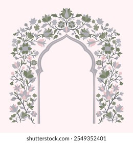 Arco floral decorativo mogol. Antiguas intrincado estilo mogol tradicional con flores y follaje. Ilustración vectorial.