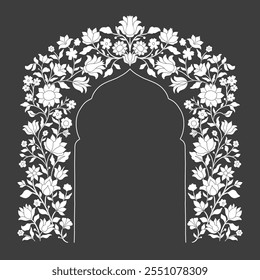 Mughal decorative ornamental floral arch. Vintage intricate traditional mughal style with flowers and foliage. Vector illustration.