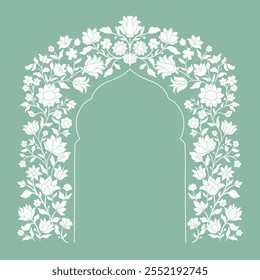 Mughal decorative ornamental floral arch. Vintage intricate traditional mughal style with flowers and foliage. Vector illustration.