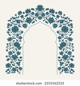 Mughal decorative ornamental floral arch. Vintage intricate traditional mughal style with flowers and foliage. Vector illustration.