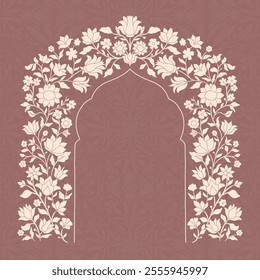 Mughal decorative ornamental floral arch. Vintage intricate traditional mughal style with flowers and foliage. Vector illustration.