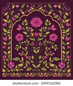 Mughal decorative ornamental floral. Vintage intricate traditional mughal style with flowers and foliage. Vector illustration.