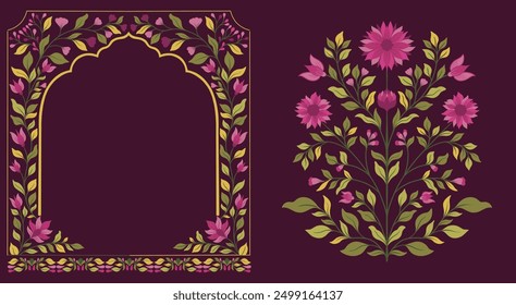 Mughal decorative ornamental floral. Vintage intricate traditional mughal style with flowers and foliage. Vector illustration.