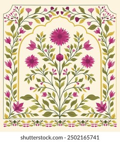 Mughal decorative ornamental floral. Vintage intricate traditional mughal style with flowers and foliage. Vector illustration.