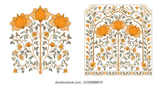 Mughal decorative ornamental floral. Vintage intricate traditional mughal style with flowers and foliage. Vector illustration.