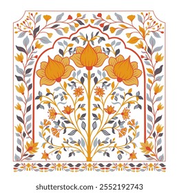 Mughal decorative ornamental floral. Vintage intricate traditional mughal style with flowers and foliage. Vector illustration.