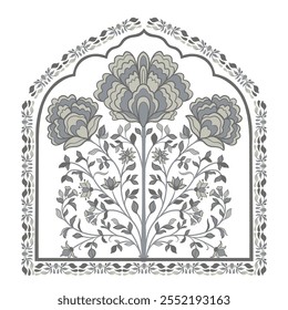 Mughal decorative ornamental floral. Vintage intricate traditional mughal style with flowers and foliage. Vector illustration.