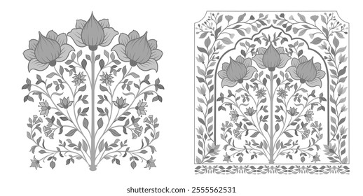 Mughal decorative ornamental floral. Vintage intricate traditional mughal style with flowers and foliage. Vector illustration.