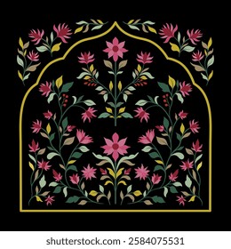 Mughal decorative ornamental floral. Vintage intricate traditional mughal style with flowers and foliage. Vector illustration.