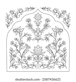 Mughal decorative ornamental floral. Vintage intricate traditional mughal style with flowers and foliage. Vector illustration.