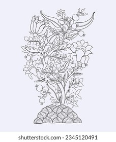 Mughal decorative ornamental linear, tree. Indian miniature traditional mughal style with tree flowers and foliage. Vector illustration.