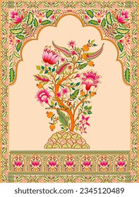 Mughal decorative ornamental tree for arch. Indian intricate traditional mughal style with tree flowers and foliage. Vector illustration.