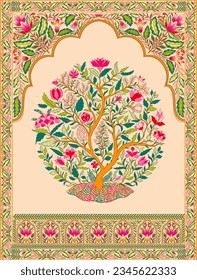 Mughal decorative ornamental tree for arch. Indian intricate traditional mughal style with tree flowers and foliage. Vector illustration.