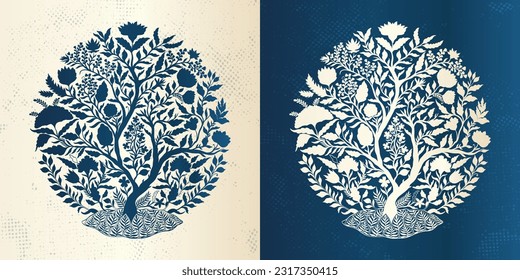 Árbol decorativo mogol ornamental. Vintage intrincado estilo mogol tradicional con flores y follaje. Ilustración vectorial.