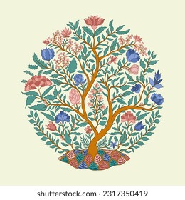 Mughal decorative ornamental tree. Vintage intricate traditional mughal style with flowers and foliage. Vector illustration.