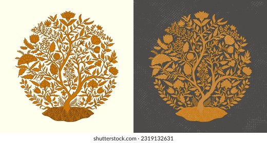 Árbol decorativo mogol ornamental. Vintage intrincado estilo mogol tradicional con flores y follaje. Ilustración vectorial.