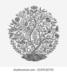 Mughal decorative ornamental tree. Vintage intricate traditional mughal style with flowers and foliage. Vector illustration.