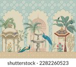 Mughal decorative pattern with palm tree, plant, bird, peacock illustration for wallpaper