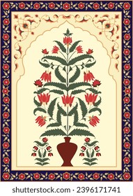 Mughal decorative plant illustration. Traditional Indian Mughal floral Motif vector design.