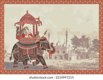 Mughal Emperor riding elephant decorative vector illustration frame