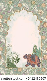 Mughal ethnic decorative floral arch with garden and elephant frame for invitation