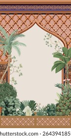 Mughal ethnic pattern, arch, palm tree, lotus flowers, illustration for wedding invitation Stock Illustration, Mughal Arch