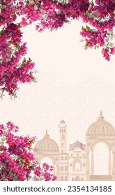 Mughal ethnic pattern with watercolor bougainvillea flowers illustration for invitation svg