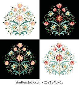 A Mughal floral design featuring intricate symmetrical patterns inspired by traditional Indian and Persian art. Mughal flower motif, Indian art, traditional motif, ornamental design, ethnic art, print